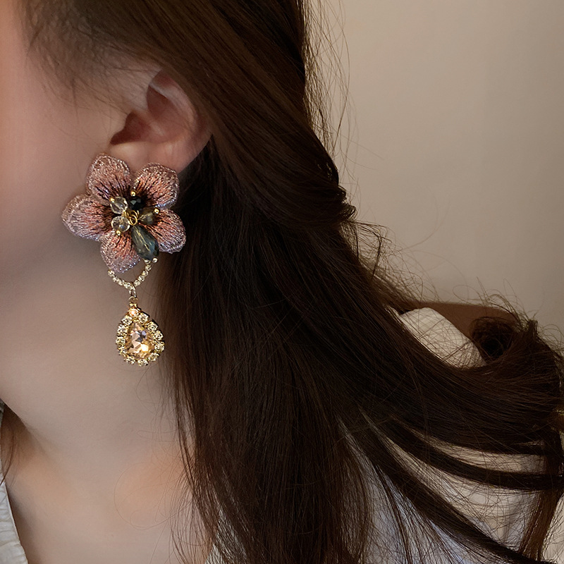 1 Pair Quantity 1 Pair Glam Flower Cloth Copper Inlay Artificial Crystal Rhinestones Drop Earrings