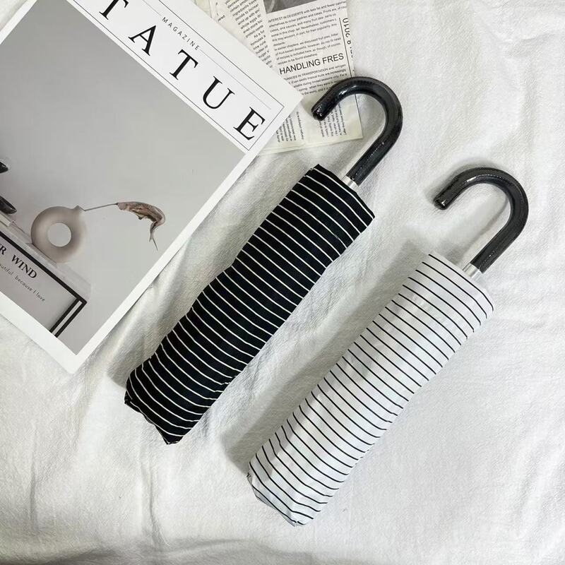 Simple Striped Leather Small Hook Umbrella Portable 8-Bone Rainproof Sunscreen Umbrella Folding Exquisite Women's Manual Sun Umbrella