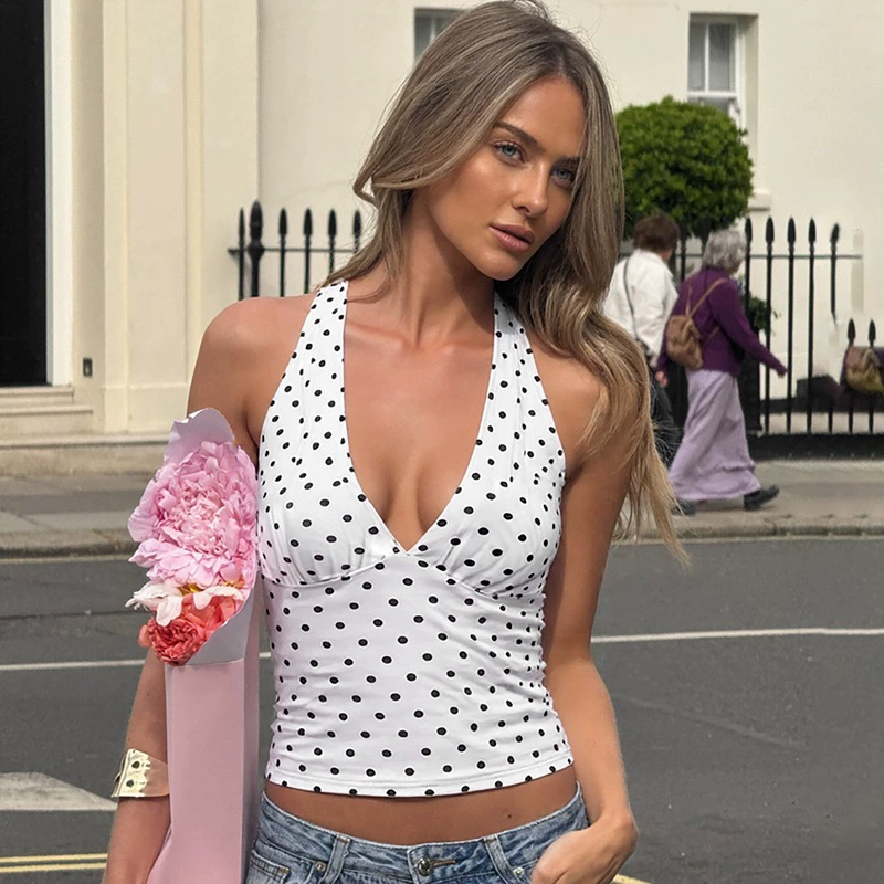 Европейская и американская популярная женская одежда 2025, летняя новая мода, сексуальный топ с открытой спиной и бретельками в горошек, внешняя торговля, оптовая продажа