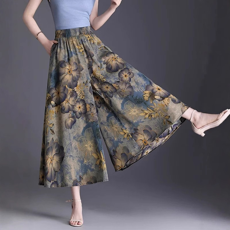 High-Waisted Slimming Summer Floral Fashion Versatile Printed Large-Size Casual Culottes with a Nine-Point Hem