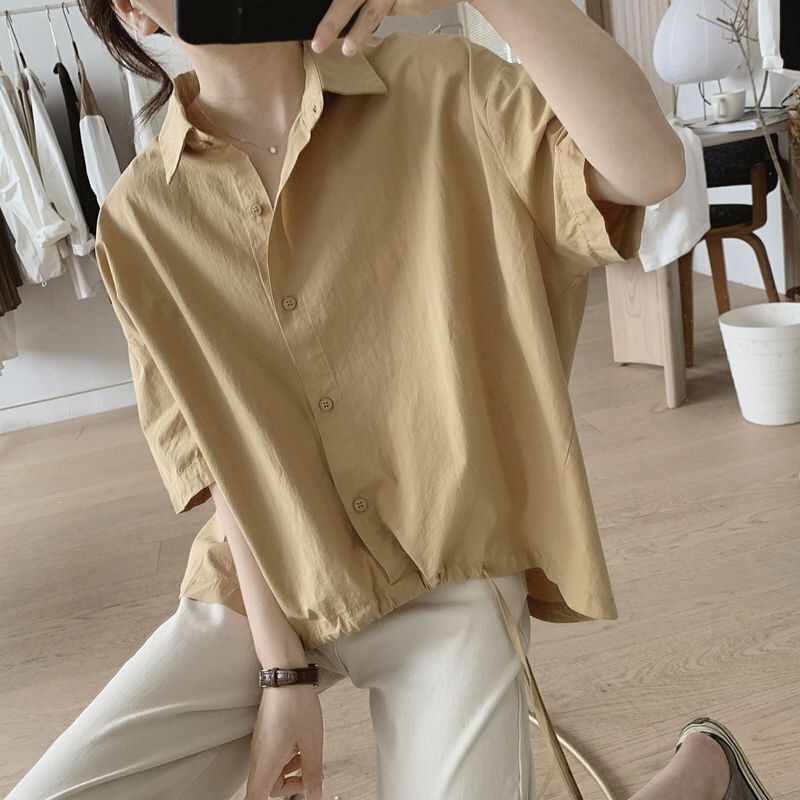 Batwing Sleeve Loose Shirt for Women, New Summer Style with Tie, Trendy Half-Sleeve Cotton Top, Large Size, Short Front and Long Back, Slimming Effect 10 Batwing Sleeve Loose Shirt for Women, New Summer Style with Tie, Trendy Half-Sleeve Cotton Top, Large Size, Short Front and Long Back, Slimming Effect 10