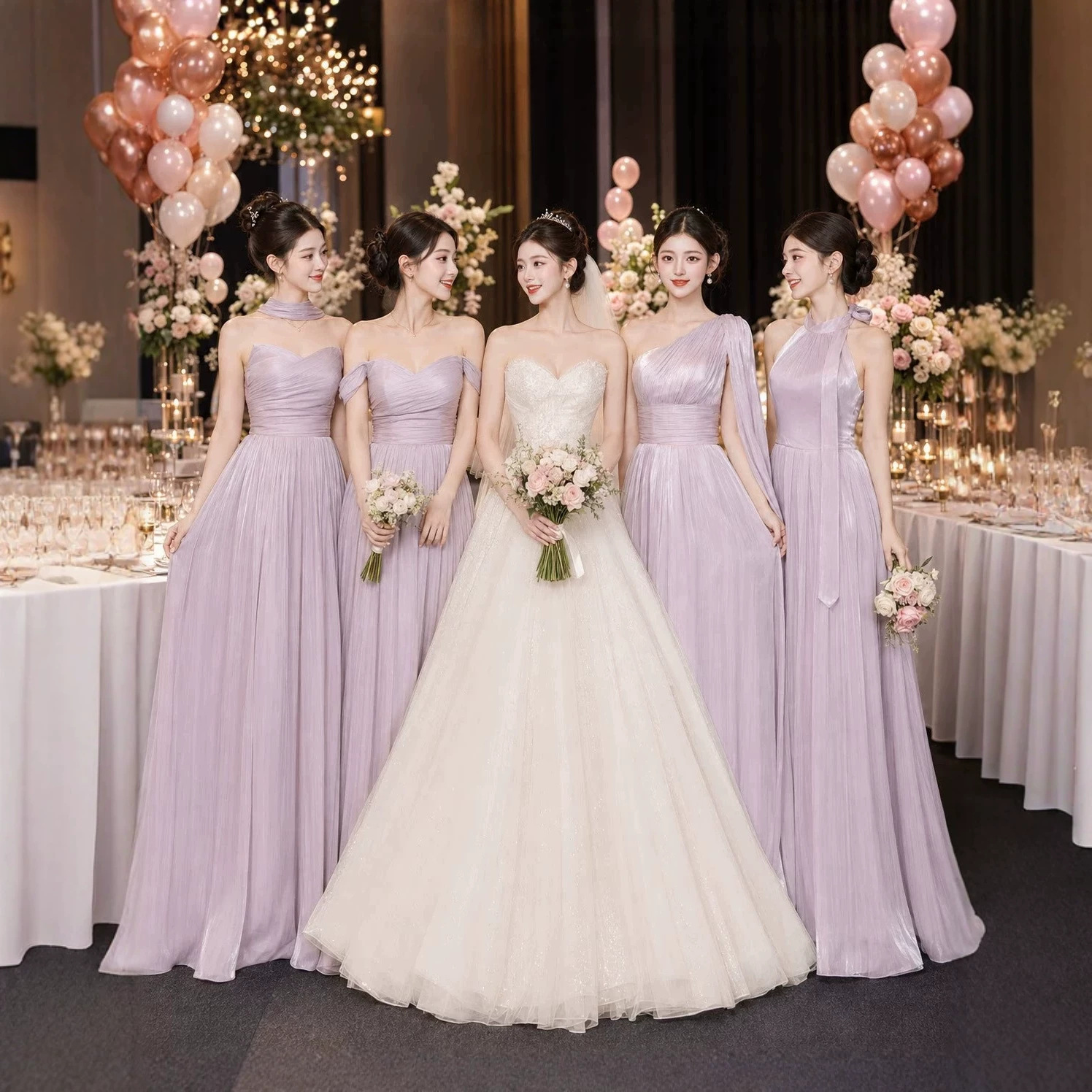 Taro purple halter neck bridesmaid dress, long elegant mesh gown for the sister group, slimming strapless dress for the banquet