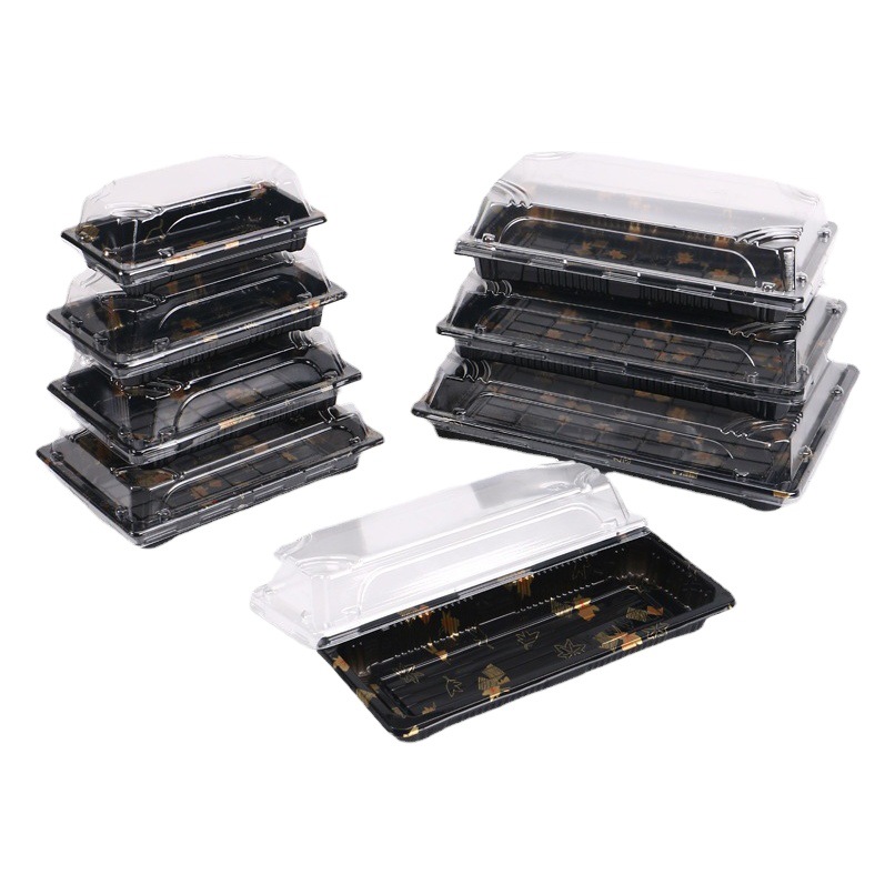 Caja de almuerzo impresa japonesa caja de embalaje rectangular Caja de sushi desechable plástico para mascotas salmón caja transparente con tapa