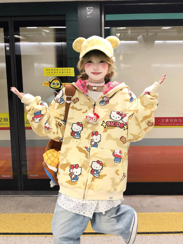 满印卫衣女秋新学院慵懒风设计感可爱加绒加厚宽松连帽开衫外套潮|undefined