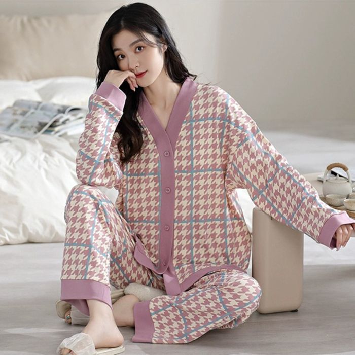Al por mayor transfronterizo primavera y otoño nuevo cuello en V monje cuello de algodón leche cardigans pijamas de manga larga ropa doméstica de dibujos animados de mujer