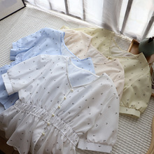 [比正]2025夏季新品韩版V领碎花减龄收腰短袖衬衫女4000