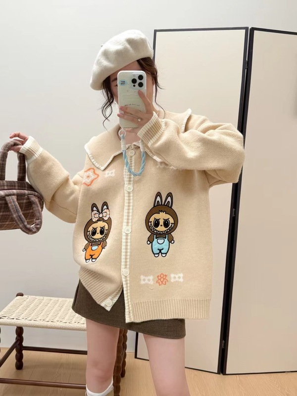 甜美娃娃领开衫毛衣女2025秋冬新款韩系宽松重工卡通刺绣针织外穿|undefined