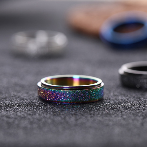 European and American titanium steel frosted ring jewelry for women, simple rotatable decompression color ring, men's stainless steel hand jewelry