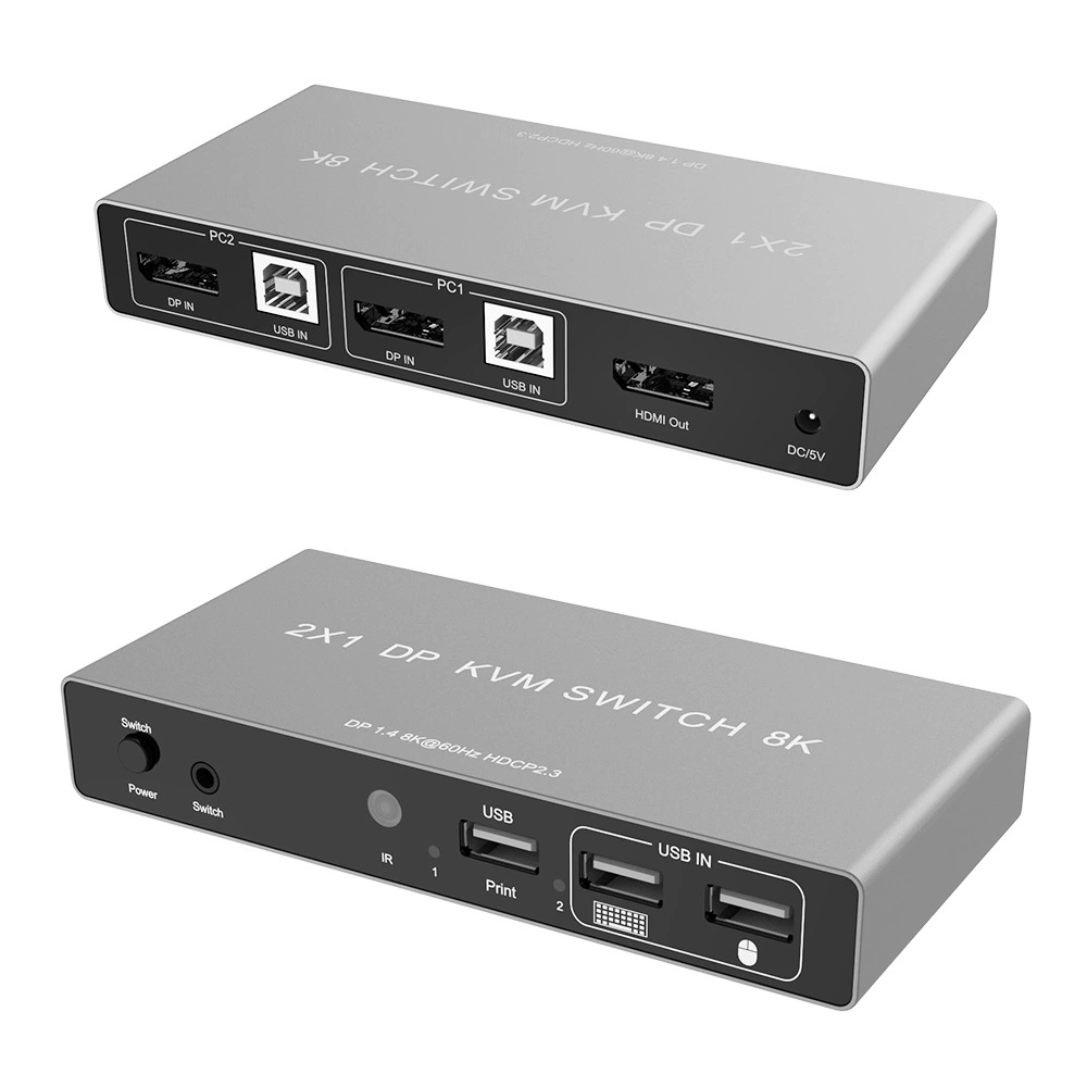 KVM-переключатель DP 2-портовый, 1→2, горячие клавиши, поддержка 8K60 и 4K, переключение для USB-накопителя и принтера, общий доступ между двумя компьютерами