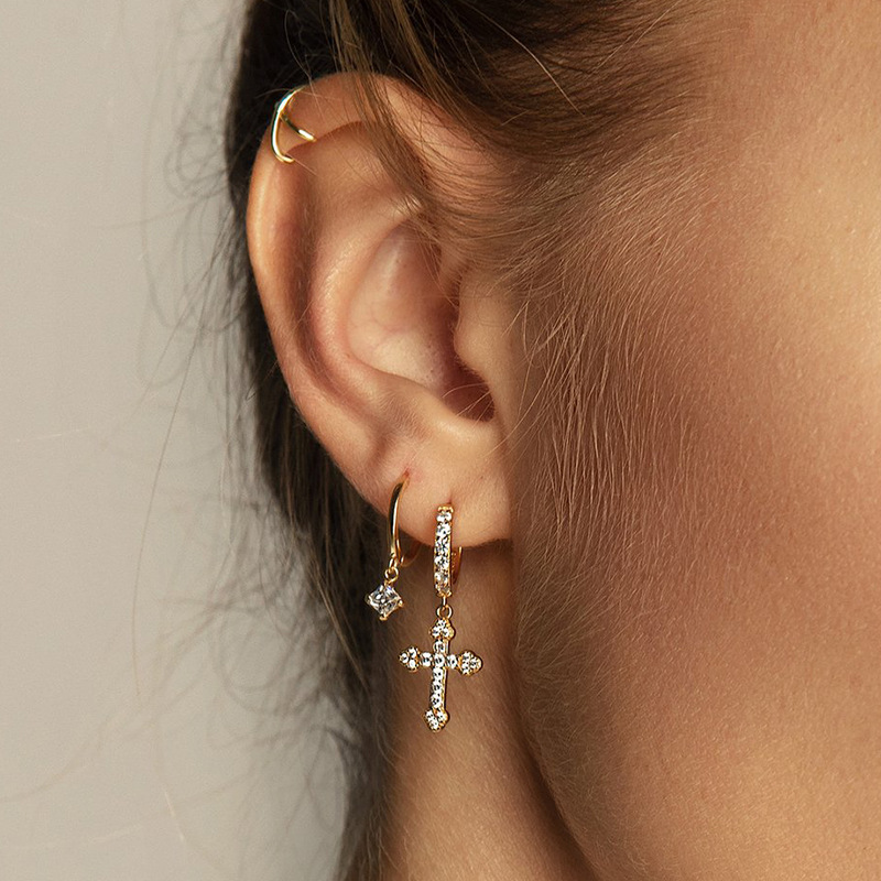 European and American geometric cross earrings cross-border hot sale diamond-studded copper earrings