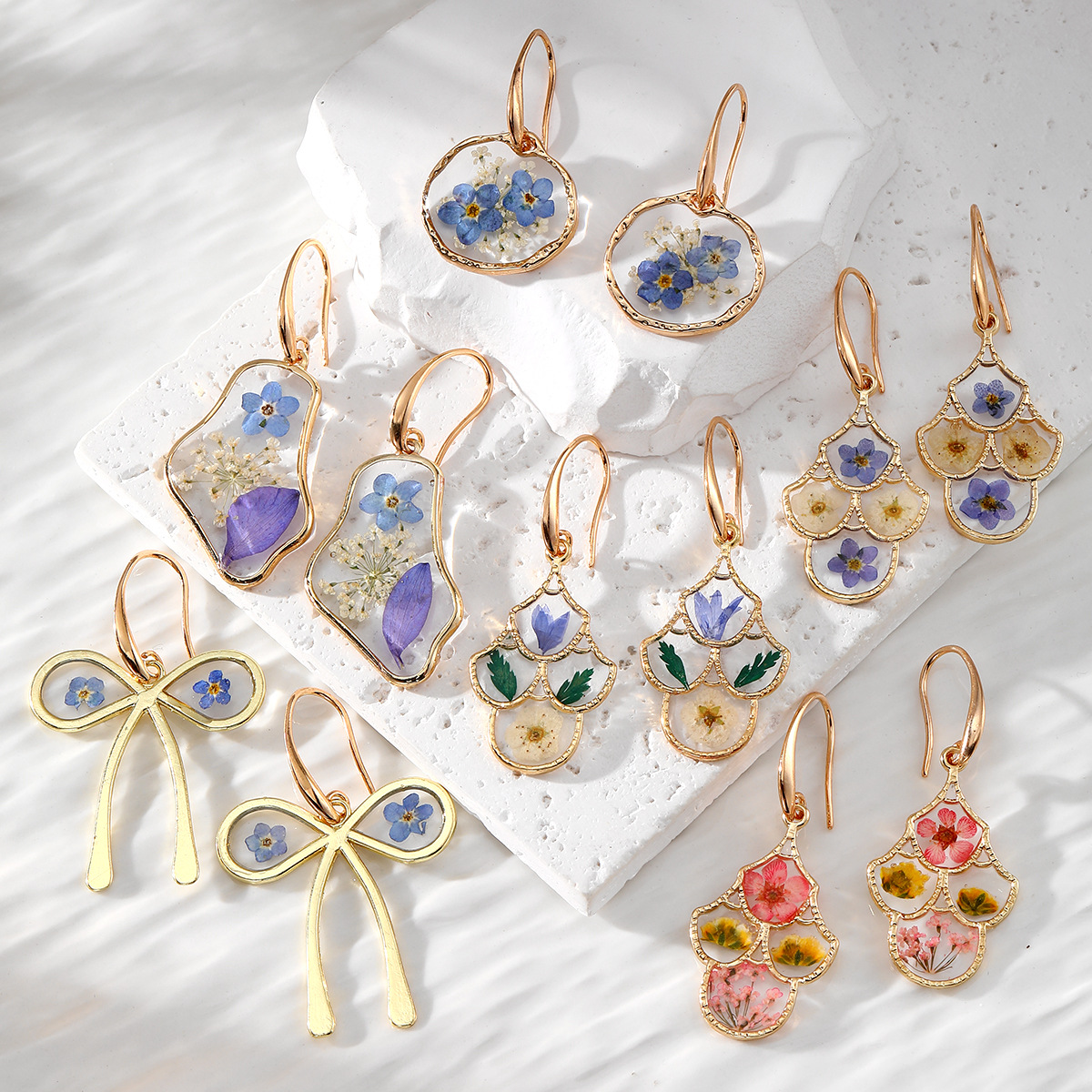 New Original Blue Series Immortal Dried Flower Earrings Handmade Glue Forget-Me-Not Flower Earrings Jewelry Cross-Border