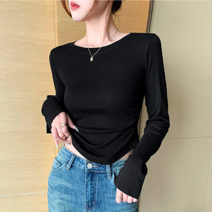 Dropshipping Round Neck Bottoming Shirt for Women 2024 New Regular Side Smocked Long-Sleeved Versatile Top Processing and Customization