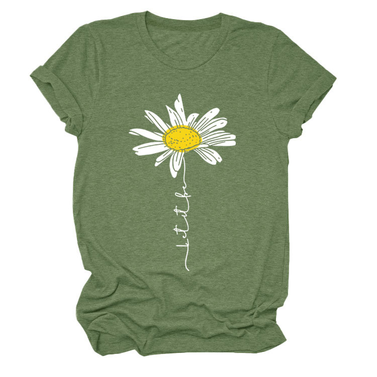 LET IT BE DAISY carta casual manga corta Amazon europeo y americano de las mujeres Top cuello redondo Camiseta suelta