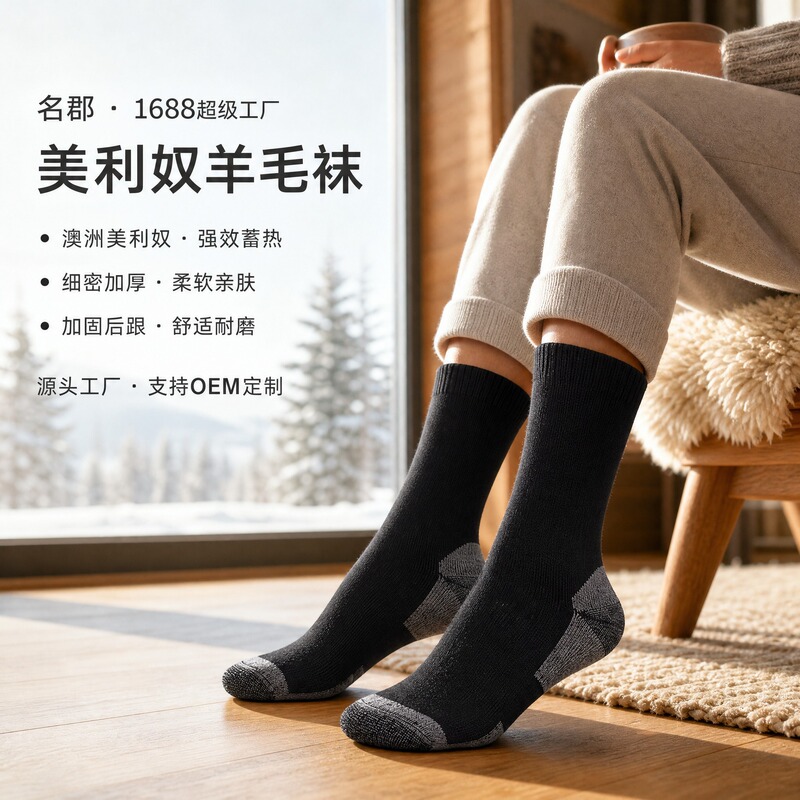 Cross-Border Autumn and Winter Merino Wool Hiking Socks for Men, Thickened Warm Sports Socks, Cashmere Socks, Snow Skiing Socks