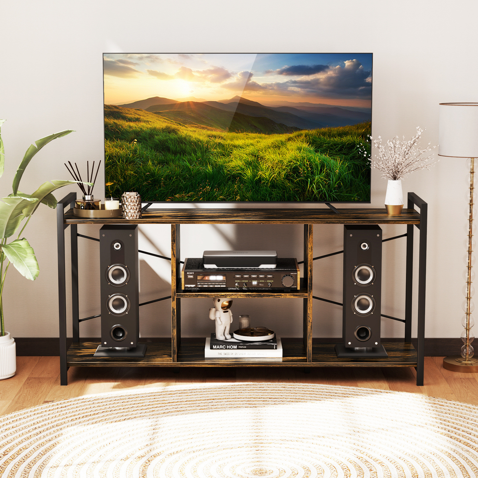 Amazon sala de estar muebles TV estante de vinilo estante de almacenamiento de discos sala de estar de acero de madera simple gabinete de televisión
