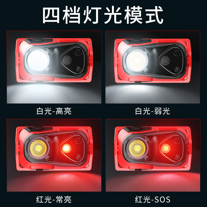 Nuevo al aire libre LED inducción faro noche corriendo ligero faro carga impermeable pesca faro rojo y blanco doble Luz