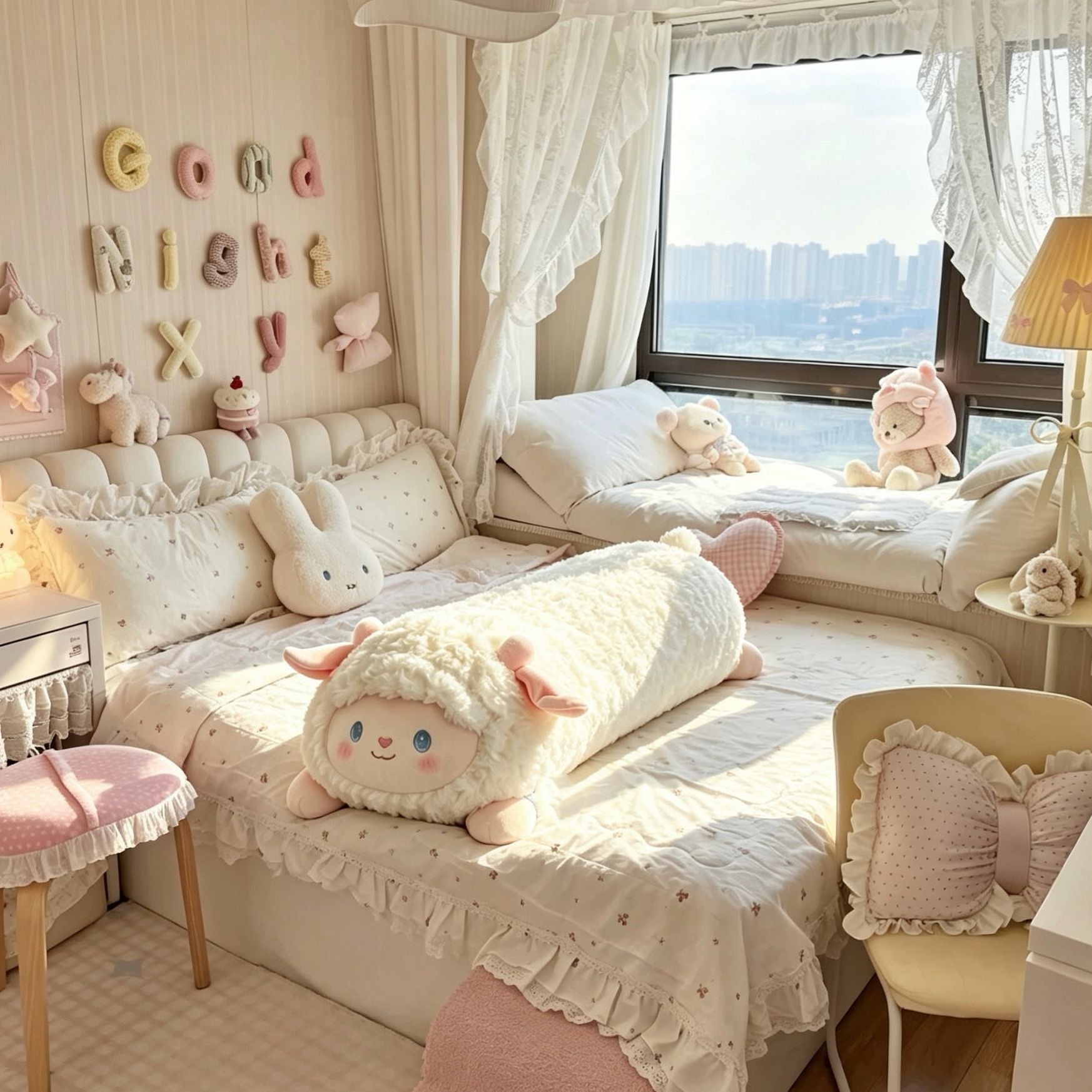 Cute fluffy little lamb long pillow plush toy for side sleeping, leg-hugging doll for bed and dormitory use