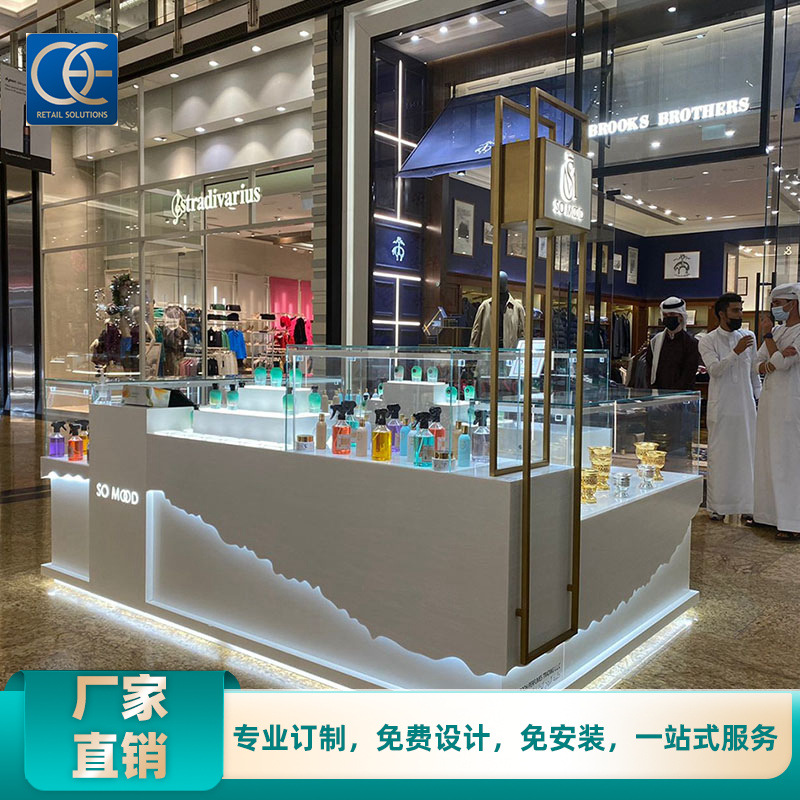 外贸香水展示柜 中东香水精油展示台金属烤漆陈列柜台带灯中岛柜