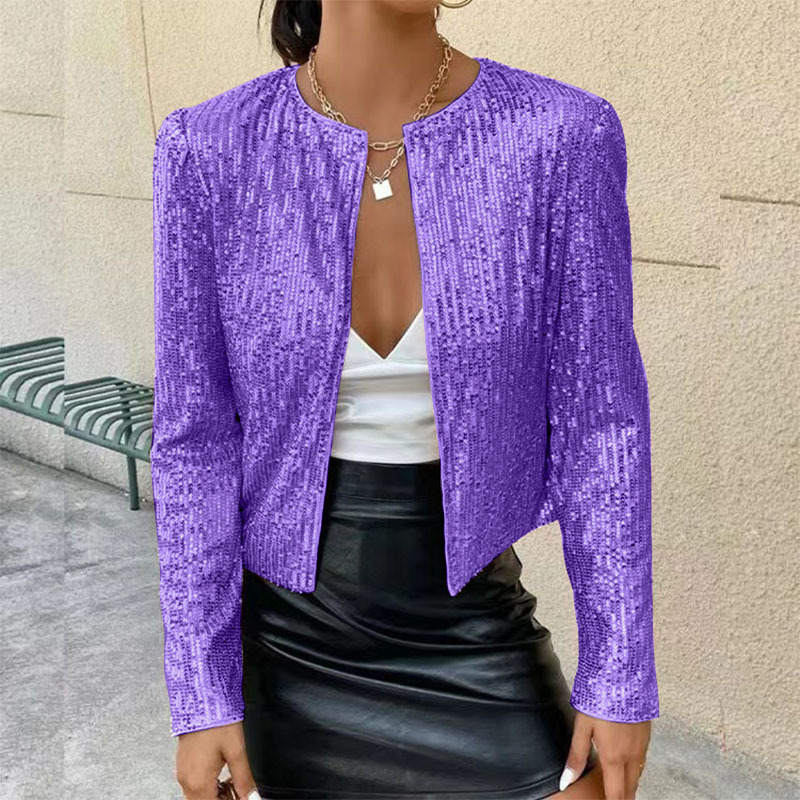 280g Weight Casual Jacket Outerwear Type Long Sleeve Sleeve Length Polyester Fabric Type Regular Top Length Coat Tops Type Holiday, Party Occasion Round Neck Neckline Slim Fit Type Solid Color Pattern Spring, Autumn Season Women's Gender Sequins Design Streetwear Style Women's Streetwear Solid Color Sequins Coat Casual Jacket 12