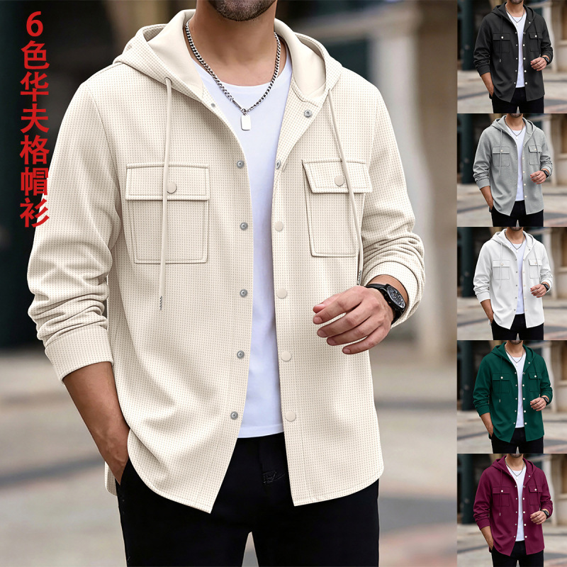 New autumn cross-border men's waffle knit hooded cardigan, men's shirt with drawstring hood, double-pocket workwear jacket for men New autumn cross-border men's waffle knit hooded cardigan, men's shirt with drawstring hood, double-pocket workwear jacket for men