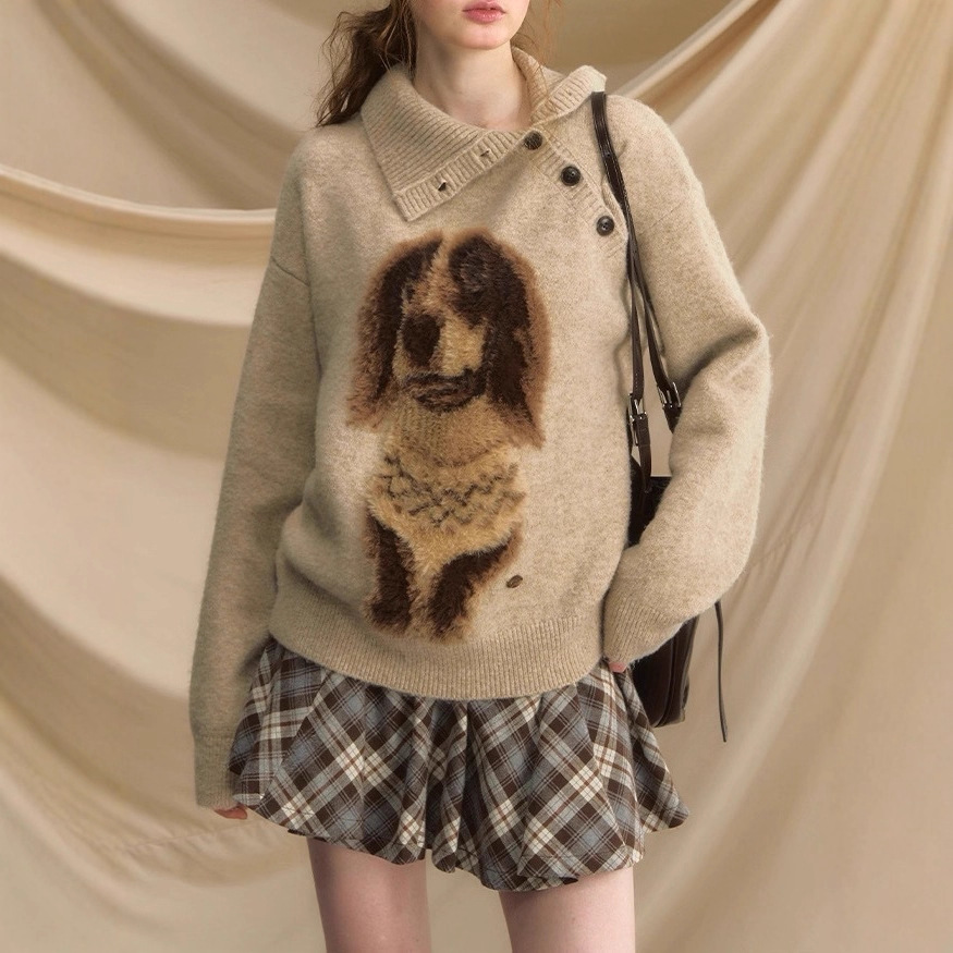 Irina Good Morning Little Dachshund Pullover Thickened Sweater Women's Autumn Puppy Retro Loose Lazy Style Outerwear Sweater