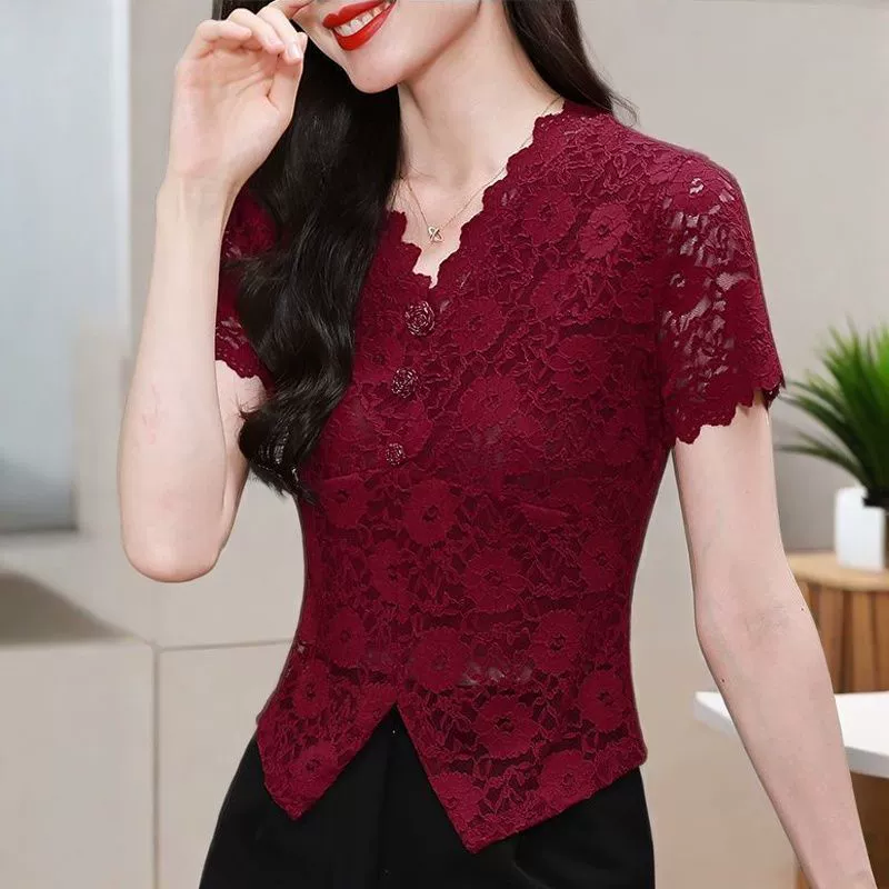 Элегантный кружевной топ с v-образным вырезом и короткими рукавами, модная и стильная женская блузка с вырезами, новый летний облегающий универсальный топ.