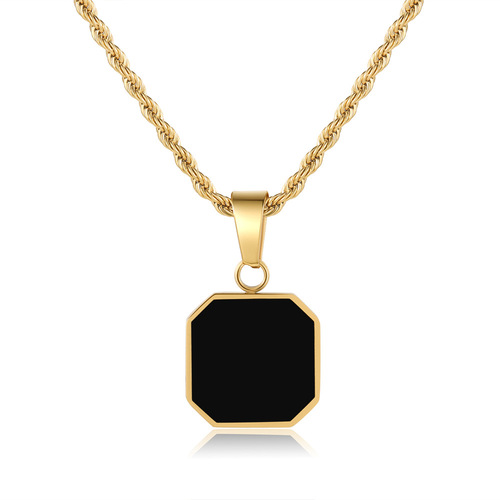 Cross-border hot-selling hip-hop stainless steel Epoxy black square pendant men's sweatshirt stacking necklace long sweater chain