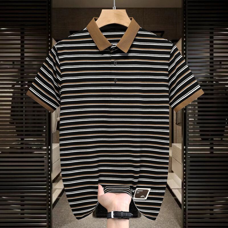 Striped Polo Shirt Spring High-End Cotton Men's Casual Trendy Brand Clothing Loose Men's T-Shirt Business Short-Sleeve Men's Wear