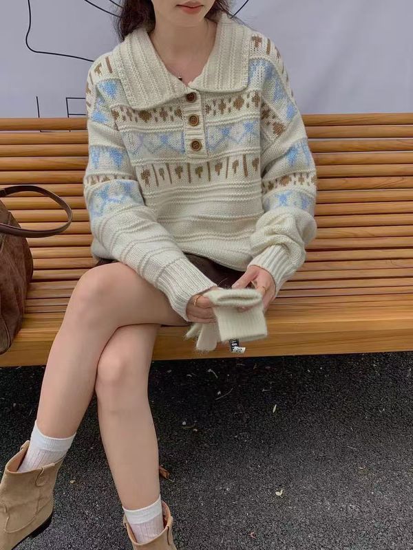 费尔岛复古风翻领针织衫宽松套头衫 软糯羊驼绒提花毛衣女秋冬新|undefined