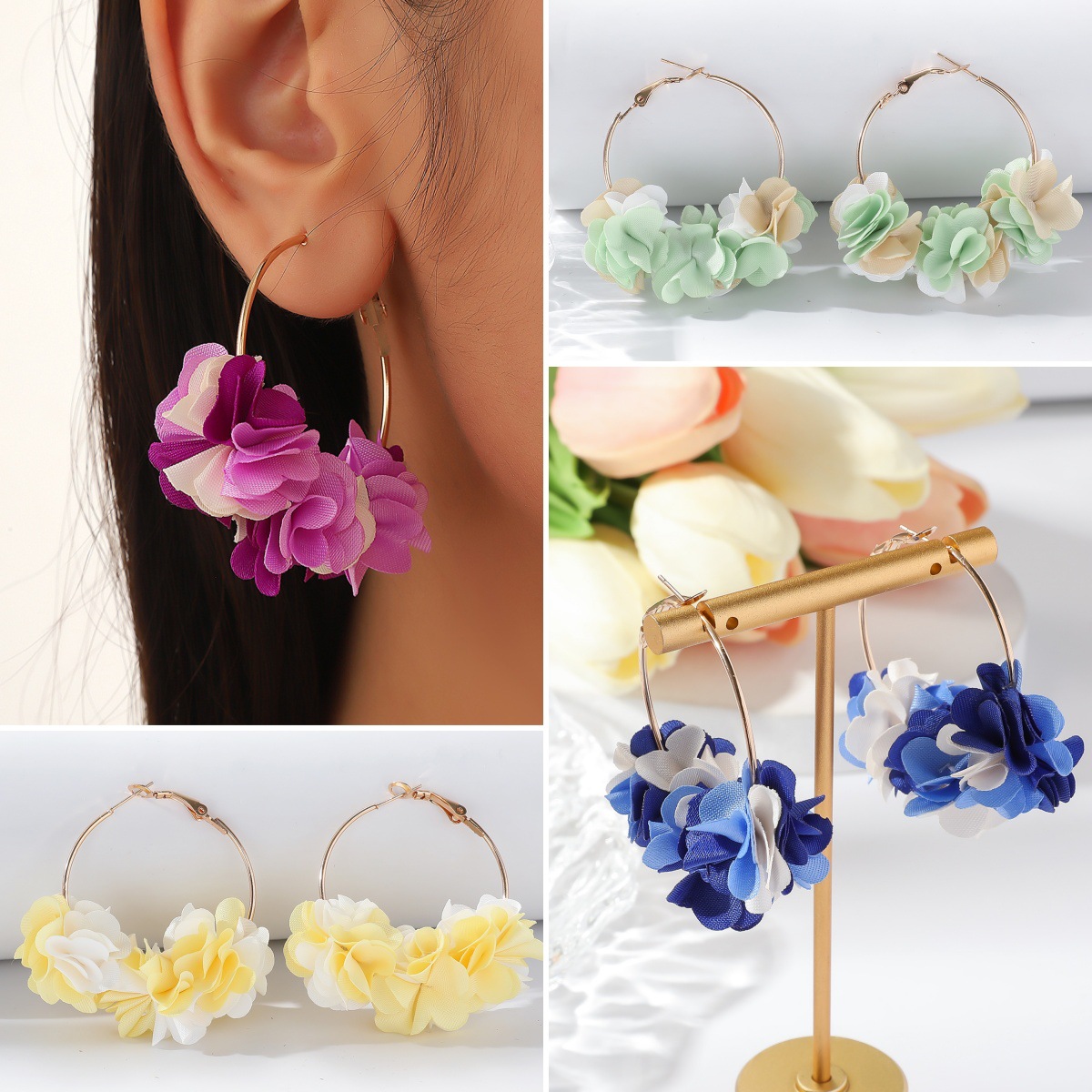 10g Weight 304 Stainless Steel Ear Needle Material Earrings Classification 1 Pair Quantity Travel, Street Occasion Cloth Material Flower Pattern All Seasons Season Women's Gender Sweet Style 1 Pair Sweet Flower Cloth Earrings 无