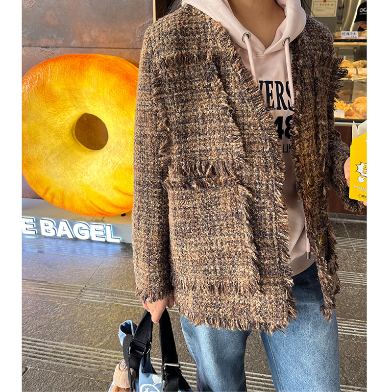 여성을위한 플러스 사이즈 새로운 Maillard 중간 길이의 트위드 탑 통통녀 디자인 Tassel Chanel 스타일 느슨한 코트