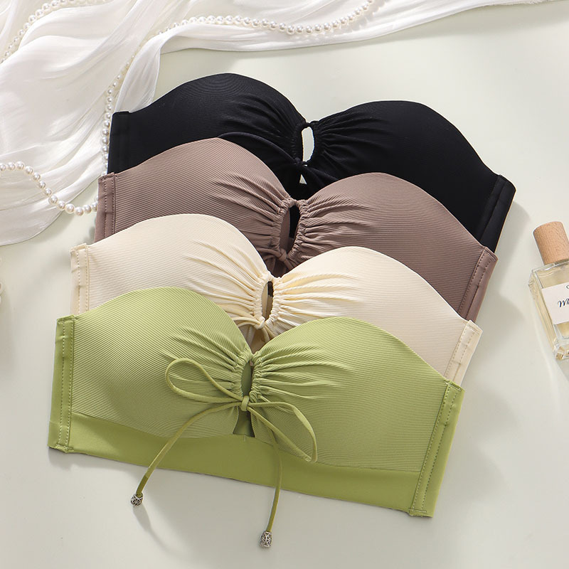 6608 strapless Beauty back non-slip latex girl underwear sexy halter drawstring gathered pleated Palm cup bra