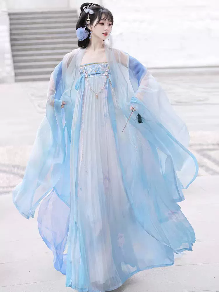 Spring and summer style [Flower all over the sky] Hanfu women's Tang Dynasty-made chest-length skirt embroidered large sleeve shirt fresh daily ancient costume