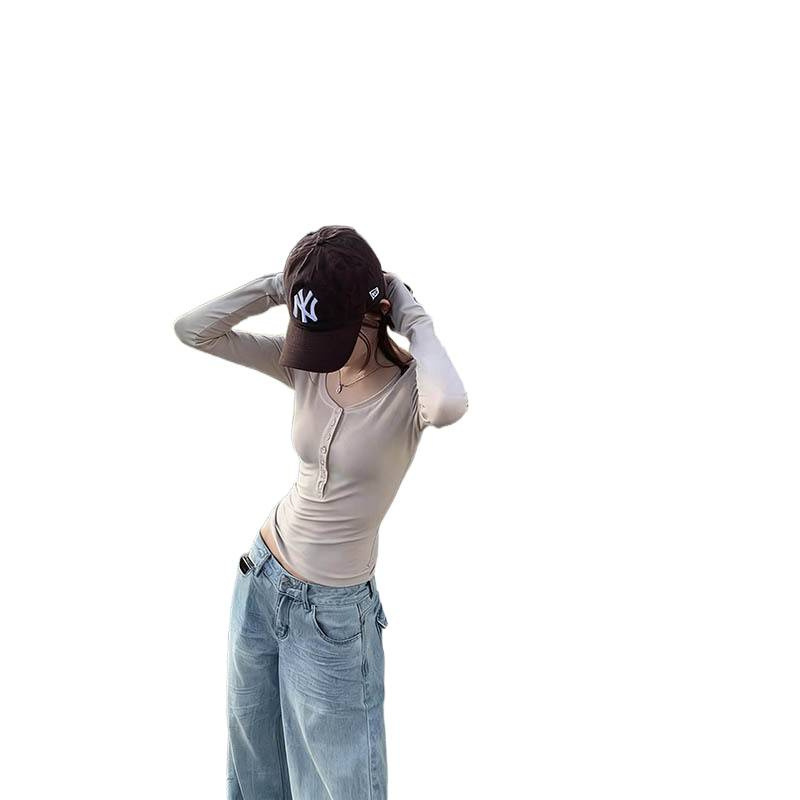 十三行亨利扣修身显瘦长袖打底T恤女秋2025新款圆领薄款上衣潮|undefined
