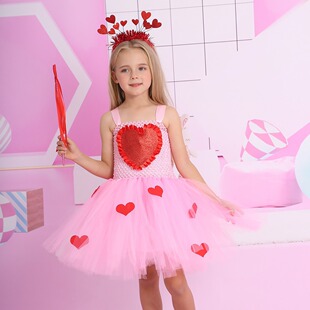 European and American New Style Big Red Heart Princess Dress Girl's Birthday Party Sweet Tutu Dress Children's Dance Performance Dress