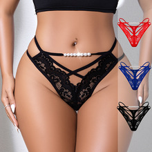 欧美跨境女士性感丁字裤细带镂空珍珠点缀蕾丝花边外贸新款女内裤