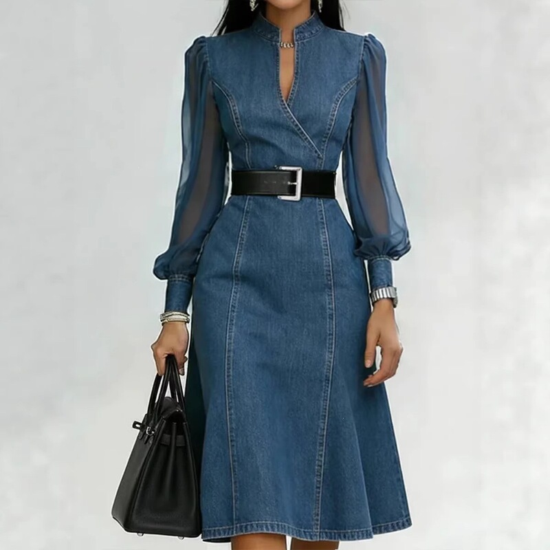 2026 Spring/Summer New European and American Cross-Border Long-Sleeve Stand Collar Waist-Cinching Slimming Denim Dress 2026 Spring/Summer New European and American Cross-Border Long-Sleeve Stand Collar Waist-Cinching Slimming Denim Dress