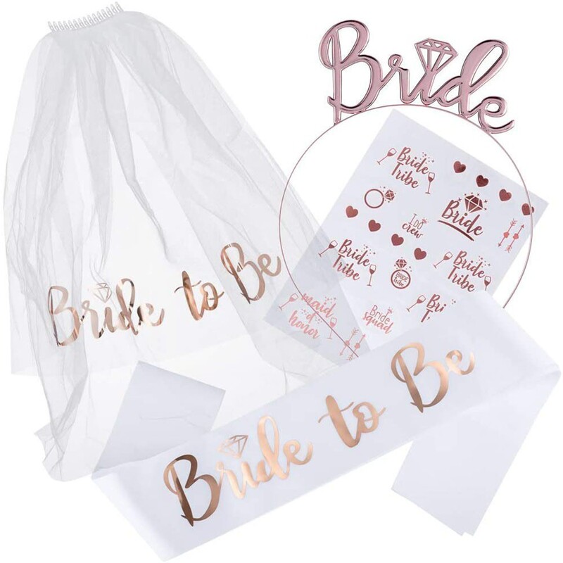 Bride to Be Bridal Veil Set, Bachelorette Party Rose Gold Headband, Tattoo Stickers, Gold Foil Shoulder Strap Decoration