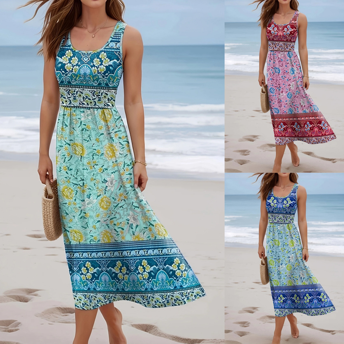 2025 European And American Printed Beach Sleeveless Vest Long Dress Women's Fashion_ecoleips.com