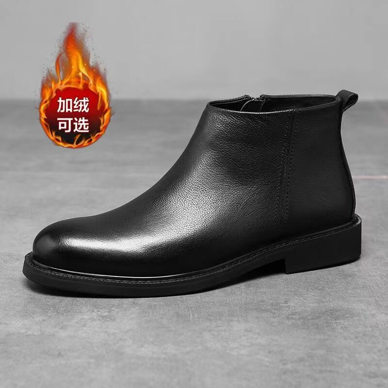 Giày bốt nam Chelsea da cổ cao gót thấp 1-3 cm kiểu cổ điển — Giày một lớp màu nâu, Giày một lớp màu đen, Màu đen lót nhung chi tiết 5