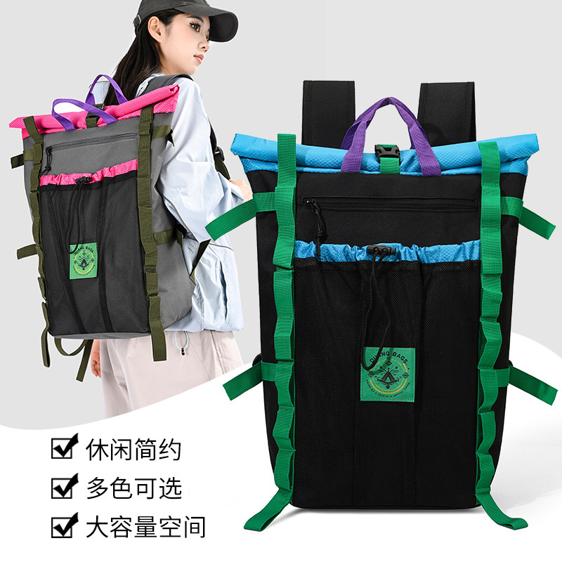 Dopamine Color-Blocked Roll-Top Hiking Backpack with Multiple Exterior Pockets and Drawstring Pockets, Unisex Outdoor Hiking Casual Simple Backpack Dopamine Color-Blocked Roll-Top Hiking Backpack with Multiple Exterior Pockets and Drawstring Pockets, Unisex Outdoor Hiking Casual Simple Backpack