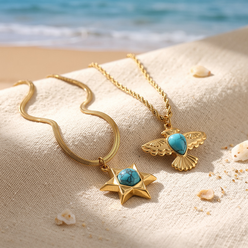 Tina Europa y los Estados Unidos pájaro universal diseño de forma de estrella de cinco puntas incrustado collar de piedra natural lujoso ligero de alta calidad mujer image 3
