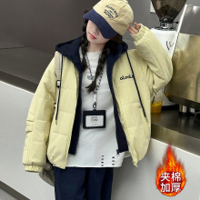 女童外套冬季2025新款夹棉加厚时尚洋气韩系假两件字母连帽外套潮
