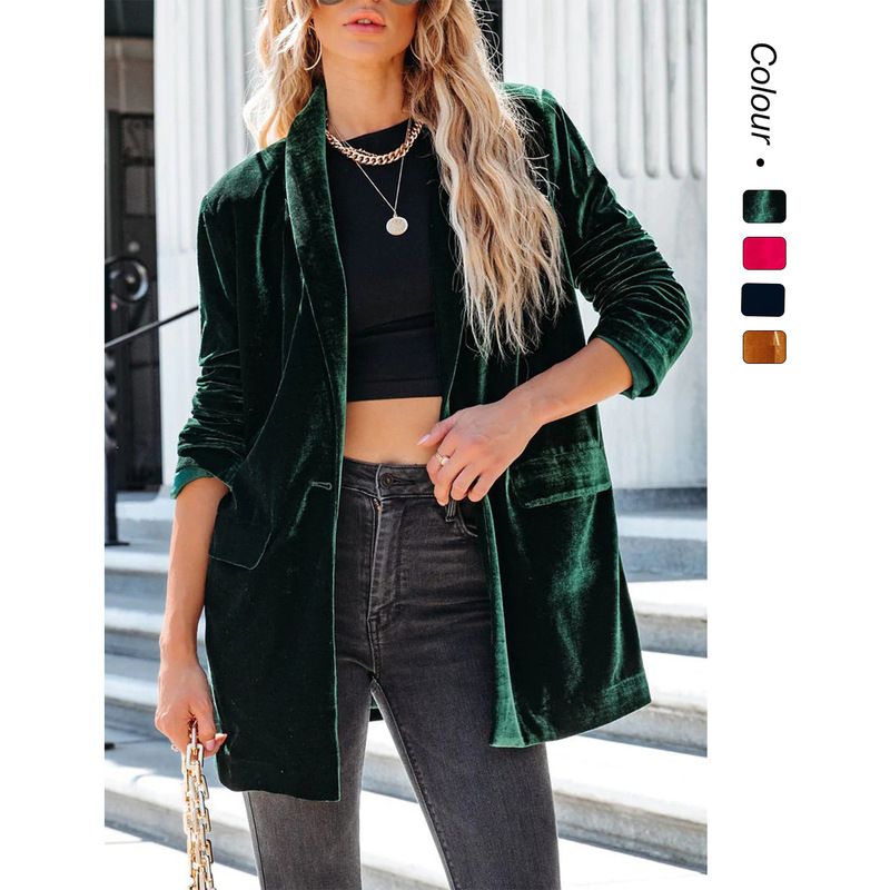 Street Trendy Ins Style 25 Years European and American Cross-Border Export Autumn and Winter Gold Velvet Long-Sleeved Jacket 22209