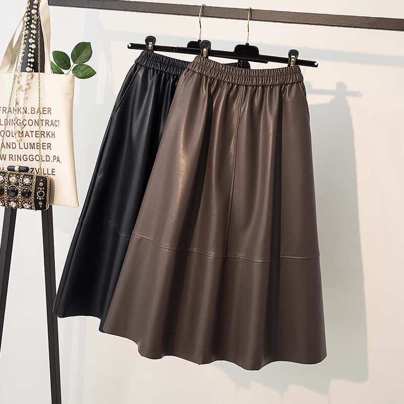 brown High Waist A- Shaped Umbrella Skirt Women's PU Leather Skirt 2025 Fall/Winter New Mid-Length Hip Covering Slim Skirt