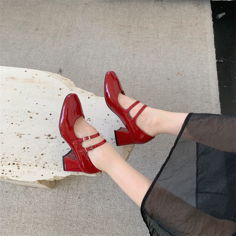 Mary Jane – talons hauts épais à Double sangle pour femmes, simples, à tête carrée, petits rouges, saison printemps et automne 2024_voghion.com