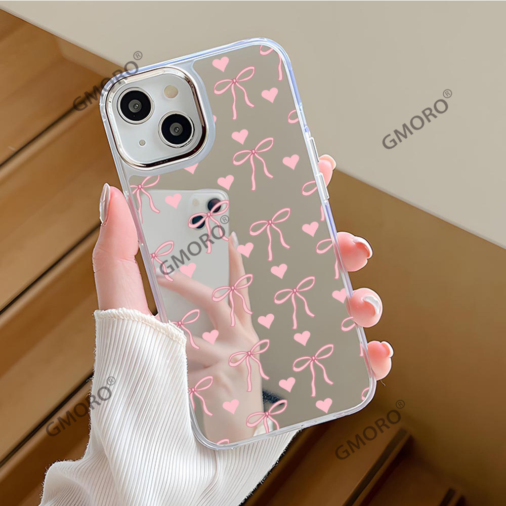 虾皮新款简约粉色蝴蝶结适用苹果16手机壳iPhone17pm镜面大孔女款