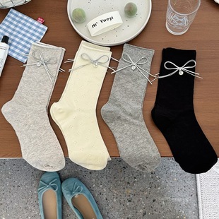South Korea Socks Women's Spring and Summer Thin Four-leaf Clover Hollow White Socks Leather silver Bow Silver Buckle Piled Socks