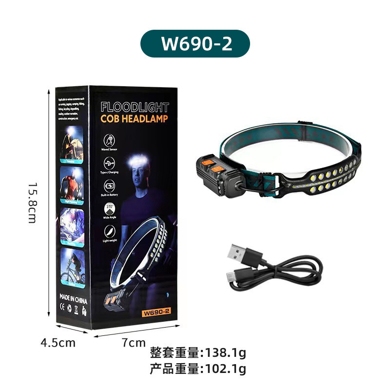 Cross-border nueva linterna montada en la cabeza luz de inducción de trabajo COB luz de cabeza calva fuerte luz de viaje al aire libre luz de pesca nocturna