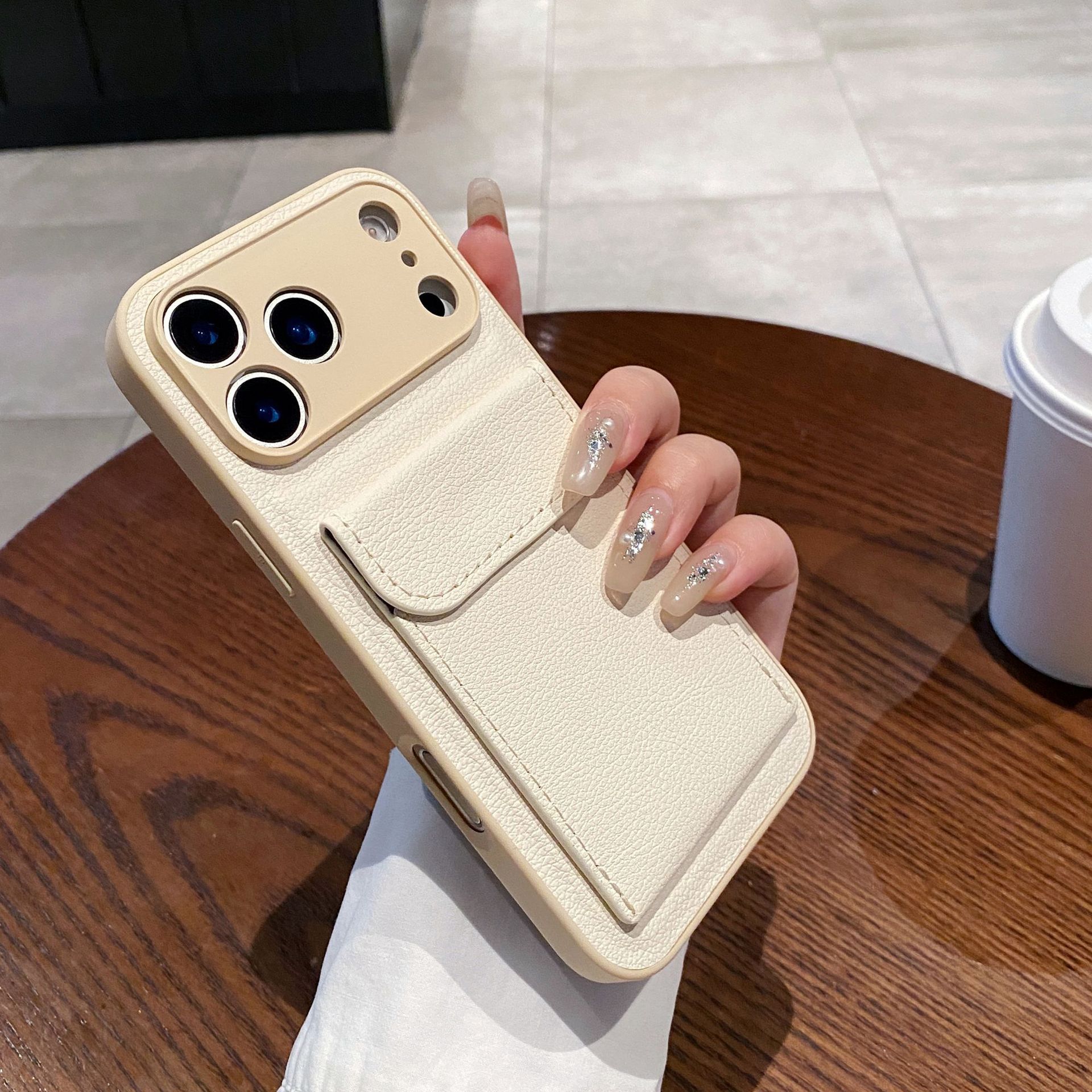 Aplicable para iPhone18PROMAX estuche de teléfono móvil simple litchi estampado tarjeta bolsa soporte manzana 17 anti-caída 16 transfronterizo